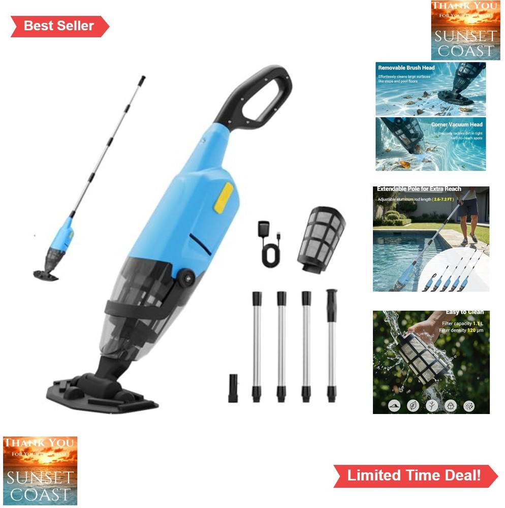 Cordless Handheld Pool Vacuum 18 GPM 60 Min Runtime 120um Filter 4 Section Pole