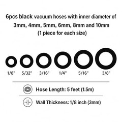 Silicone Vacuum Hose Kit 6PCS 5FT Tubing (1/8&Prime;) – Black with Connectors
