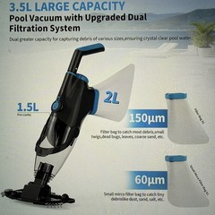 Cordless Handheld Pool Vacuum, 18.5GPM, Detachable Poll, 2x 2L Filters Bags