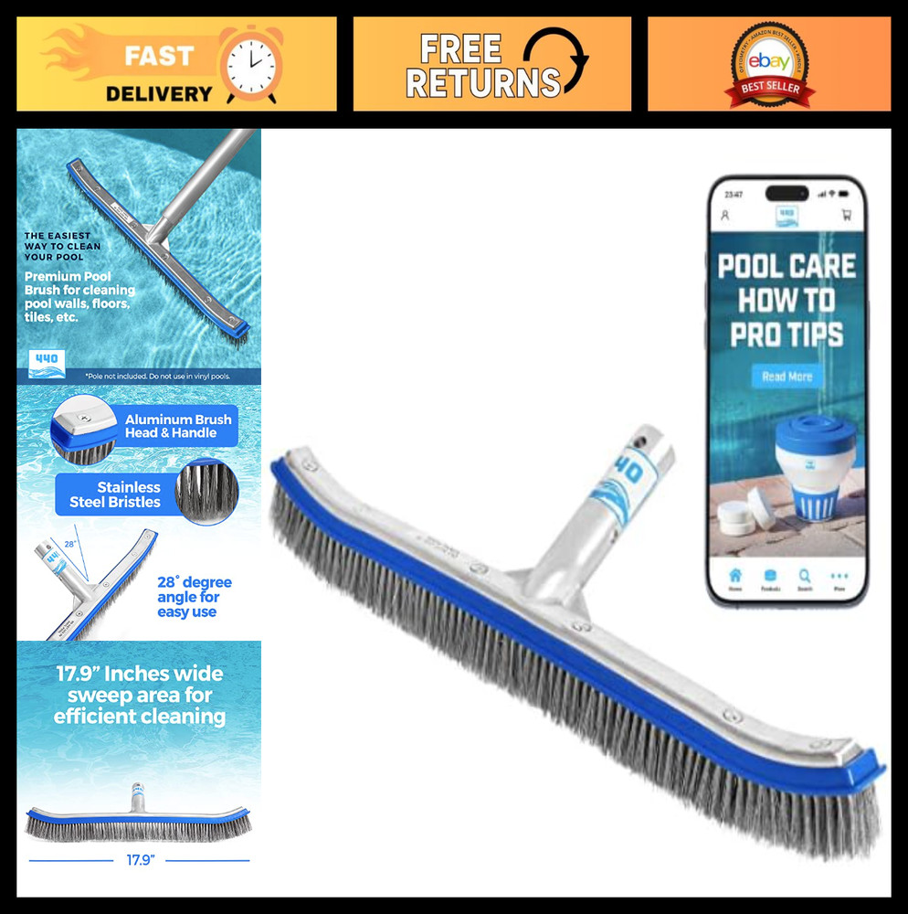 Heavy Duty 18&Prime; Pool Brush – Extra-Wide Metal Head, Stainless Steel Bristles for