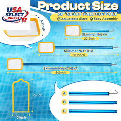50In 2-In-1 Pool Skimmer Tool with Stainless Steel Hook & Fine Mesh Net