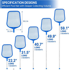 Pool Skimmer Net with 5 Section Detachable Poles 22.2 »-59.1 »
