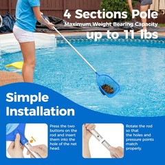 Aluminum Pool Skimmer 4 Section Pole, Fast Cleaning Net 57&Prime;, Blue