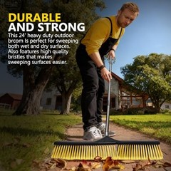 24&Prime; Push Broom, Industrial Broom with Stiff Bristles,Outdoor Push Broom-yellow