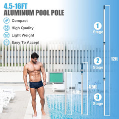16 Foot Telescopic Aluminum Swimming Pool Pole for Skimmer Nets and Tools