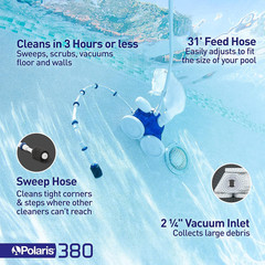 Polaris Vac-Sweep 380 Pressure Inground Pool Cleaner, Triple Jet Powered, 31Ft o