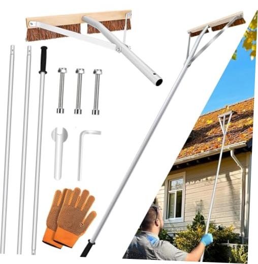 Leaf Roof Brush with Gloves, Roof Rake Remove Leaves, Adjustable 5-21ft 21FT