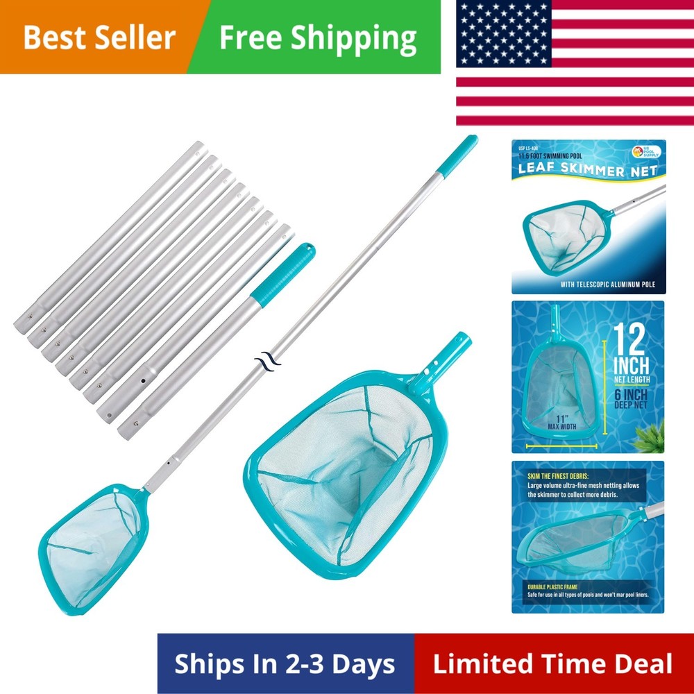 11.5 Foot Swimming Pool Leaf Skimmer Net with Telescopic Aluminum Pole, 8 Sec…