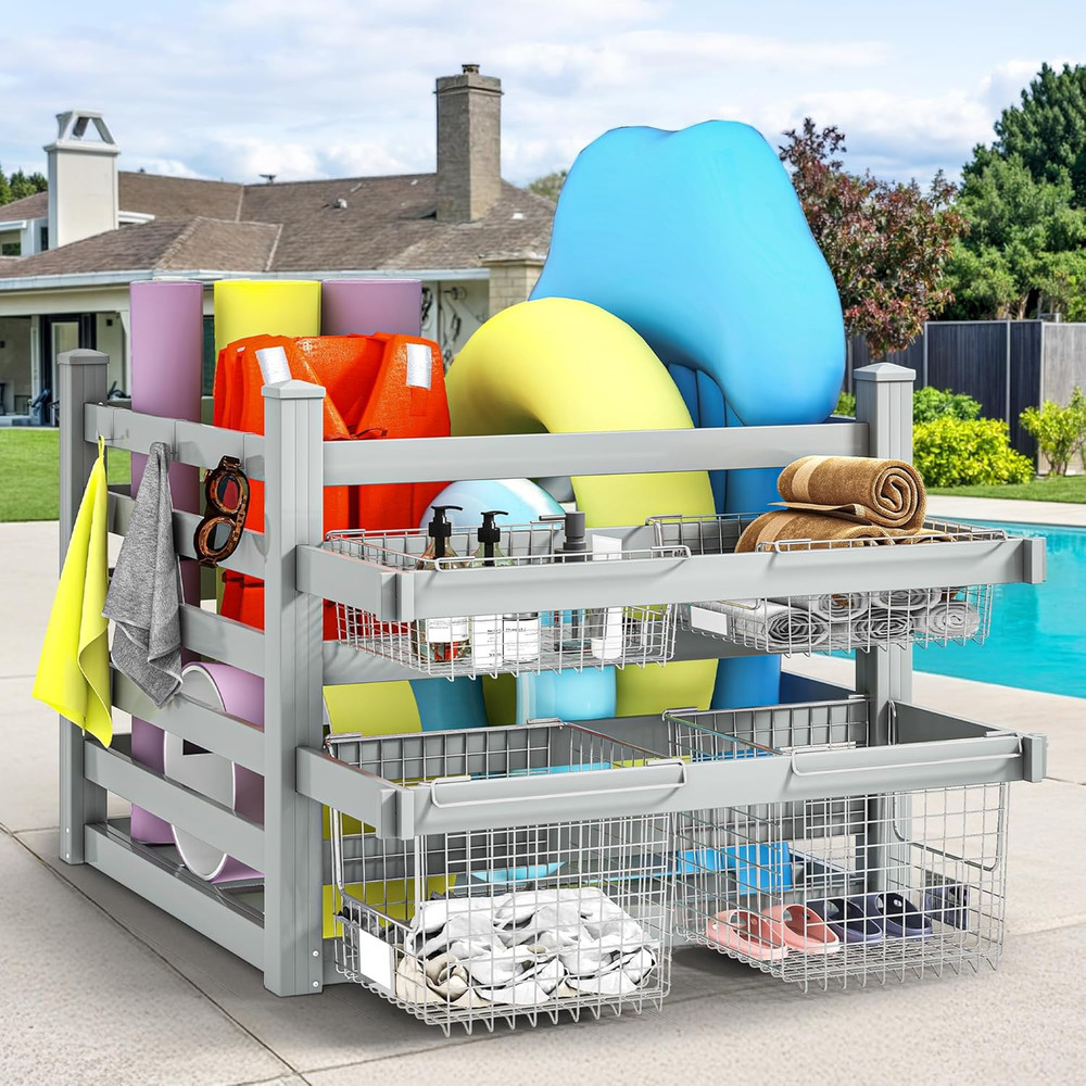 Pool Storage Organizer with 6 Adjustable Hooks, Large Pool Float Holder & Noodle