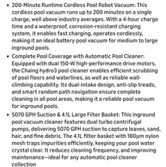 NIB Chasing Hydro 3 Cordless Pool Cleaner 200 mins Runtime Robot Vacuum Inground