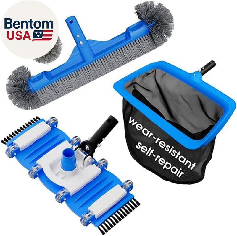 3-In-1 Pool Cleaning Kit Full Set – 18In Rounded End Pool Brush & Ergonomic Pool