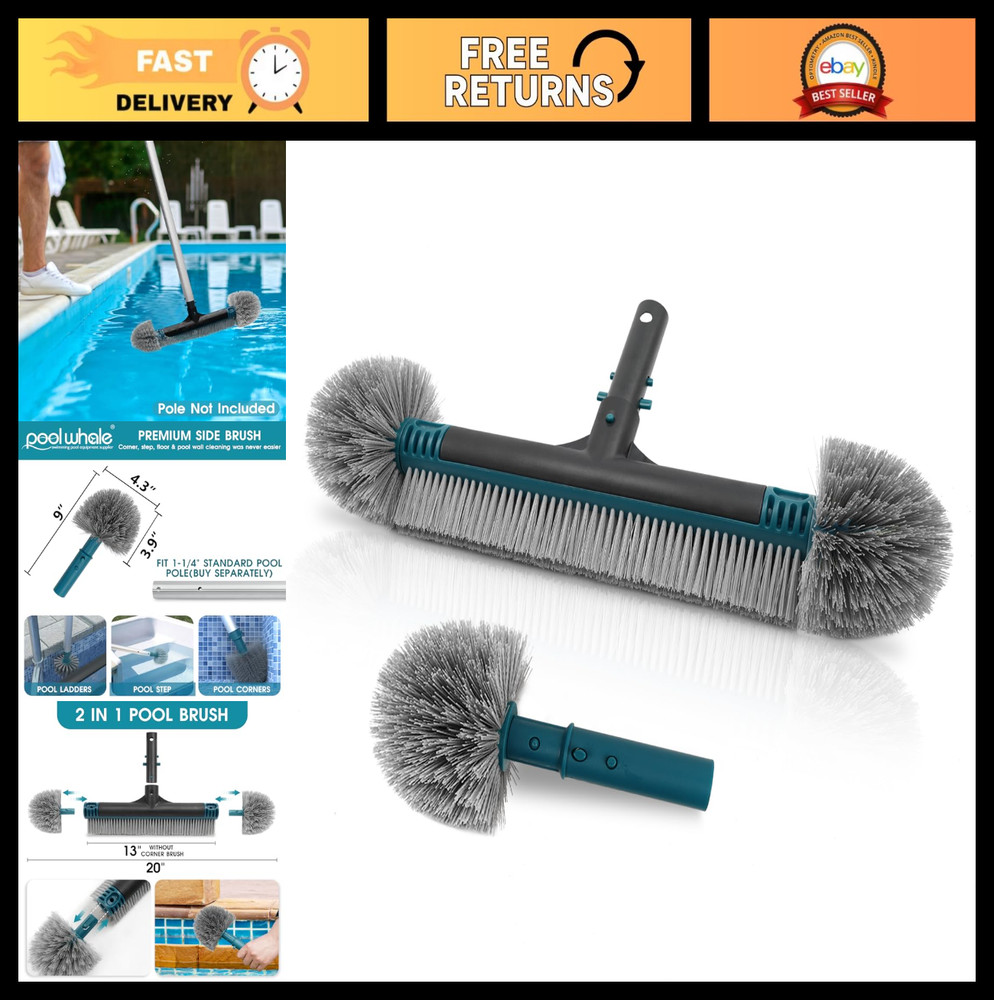 20&Prime; Detachable Pool Brush Head with Durable Nylon Bristles & EZ Clip Handle – Cl