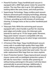 Cordless Pool Vacuum with Telescopic Pole, 18.5 GPM Powerful Suction, 1.5H Super