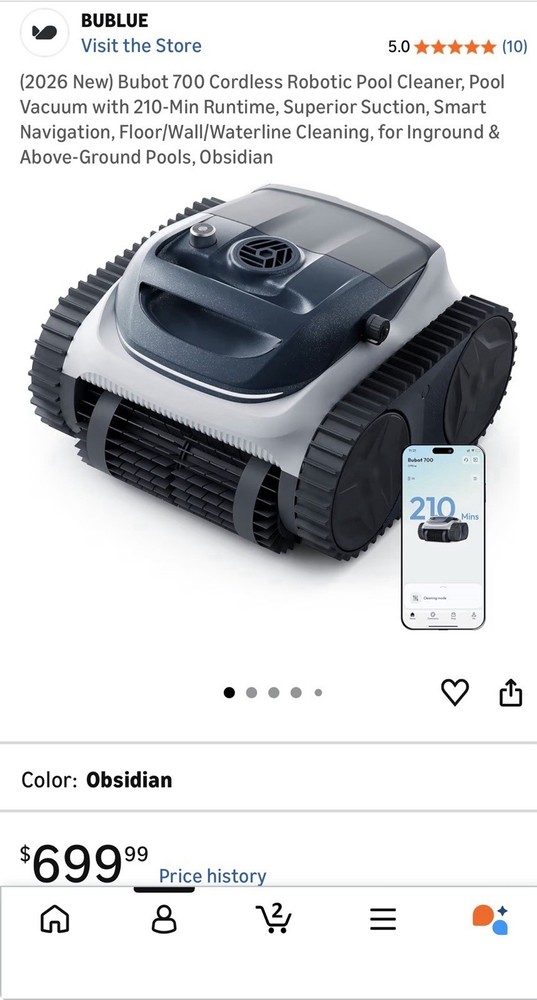 BUBLUE Bubot 700 Cordless Robotic Pool Cleaner, Smart Navigation, 210min, Obsid…
